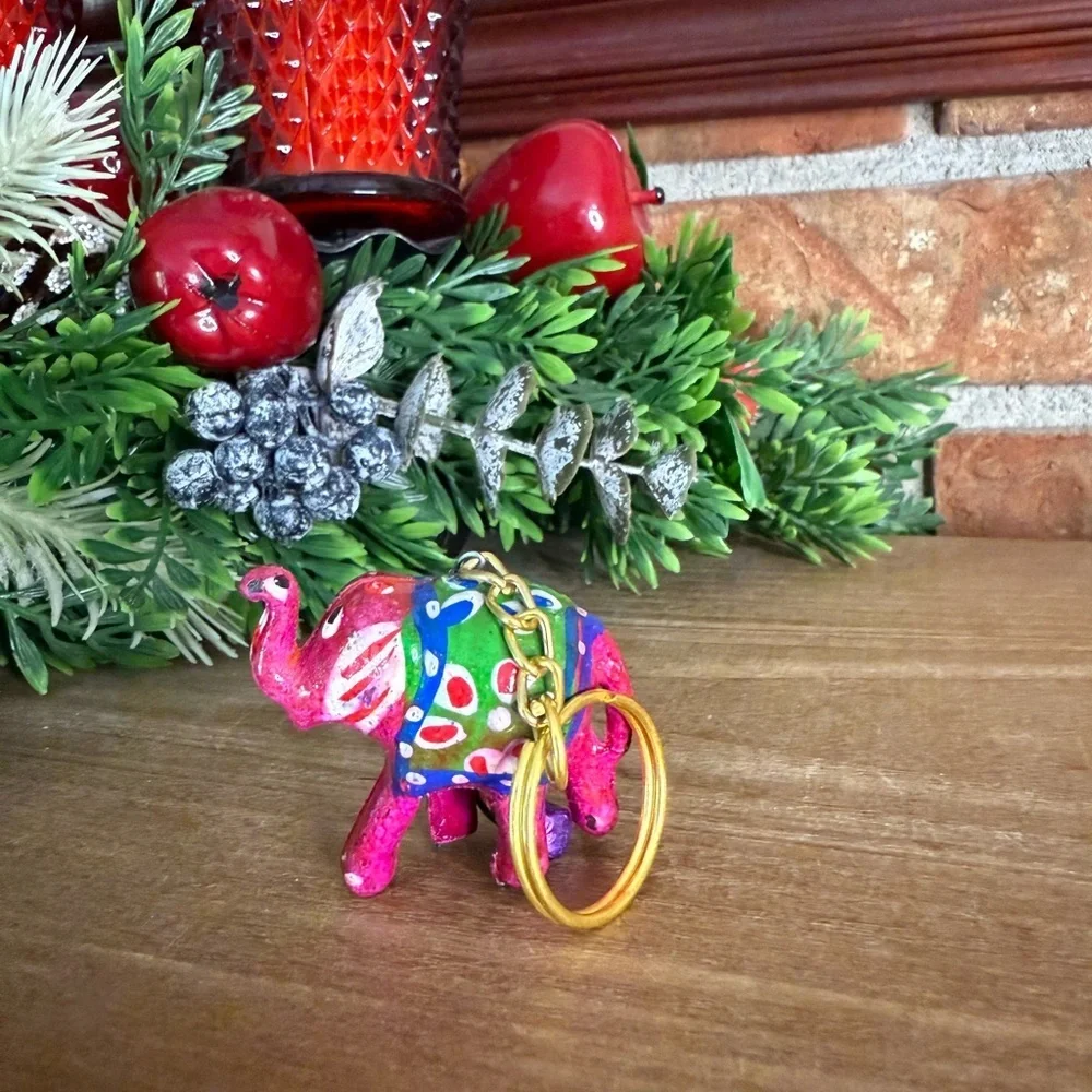 Vintage India Handcrafted Wooden Artisan Colorful Elephant Keychain - Picture 9 of 11